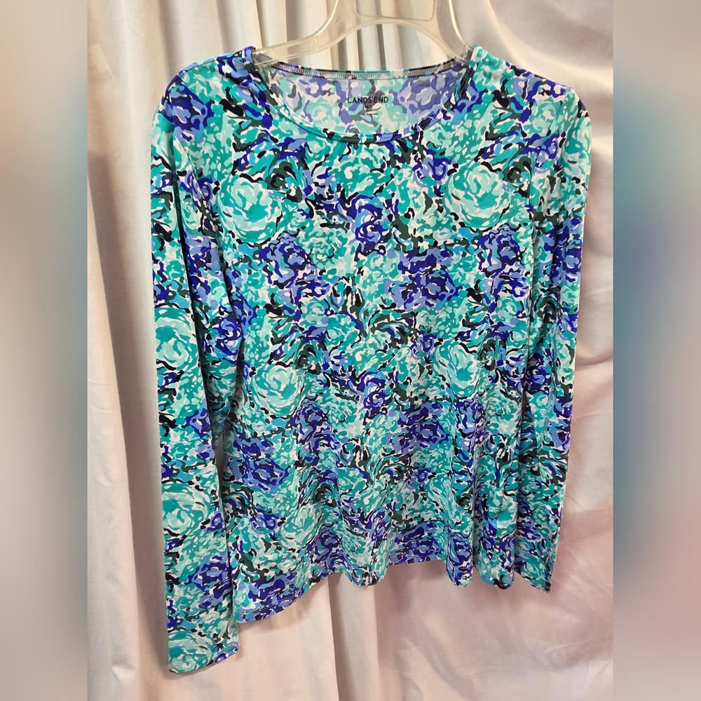 Lands' End Women's Teal and Purple Patterned Long Sleeve Top